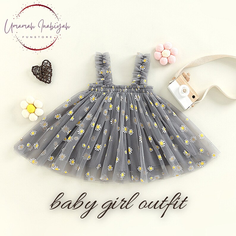 Robe tutu marguerite, robe à fleurs en tulle bleu, tenue de bébé pour tout-petit, robe d'anniversaire de fille, robe de princesse fée arc-en-ciel, robe de premier anniversaire Grey