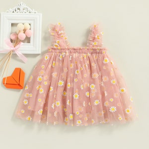 Robe tutu marguerite, robe à fleurs en tulle bleu, tenue de bébé pour tout-petit, robe d'anniversaire de fille, robe de princesse fée arc-en-ciel, robe de premier anniversaire Pink