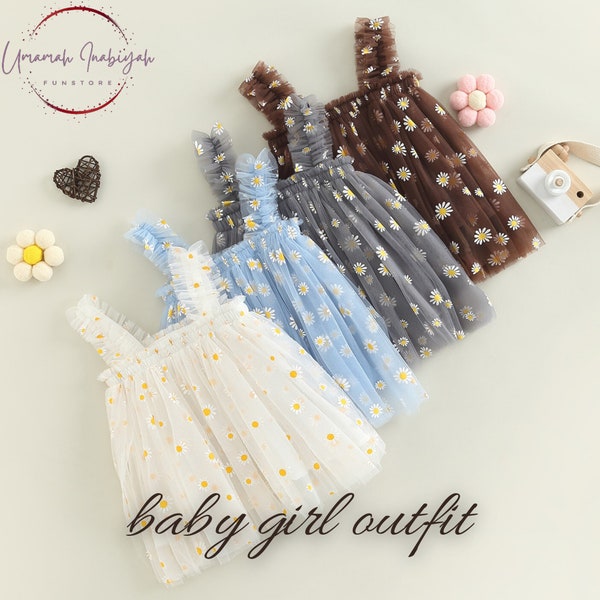 Robe tutu marguerite, robe à fleurs en tulle bleu, tenue de bébé pour tout-petit, robe d'anniversaire de fille, robe de princesse fée arc-en-ciel, robe de premier anniversaire