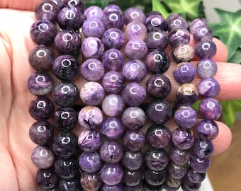 Bracciale con perline di pietra preziosa viola naturale Charoite da donna, perline rotonde, gioielli 6+mm, 8+mm, 9mm Pietra curativa Regalo per lei Regalo per la madre