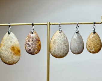 Fossil Coral Teardrop Pendant - Gemstone Pendant - Cabochon Pendant - 925 Silver Pendant - Fossilized coral pendant - For Her - For Mother
