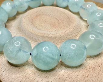 Pulseira de água-marinha natural, contas redondas, pedras de cura, presente para mulheres e homens