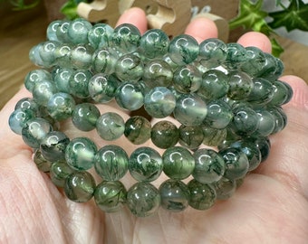Ágata musgo verde natural, pulseira delicada de ágata musgo, pulseira de contas de 6 mm, joias de ágata, pulseira elástica feita à mão, para mulheres, para homens