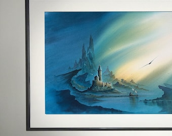 Original Watercolor painting, Fantasy landscape with castle