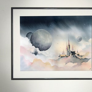 Acuarela original y pintura a tinta, paisaje de fantasía