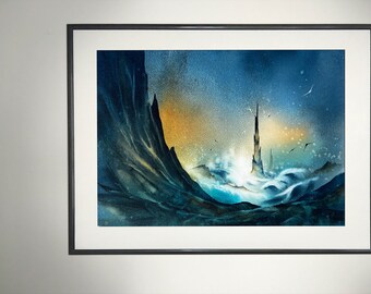 Original Watercolor painting, Fantasy seascape