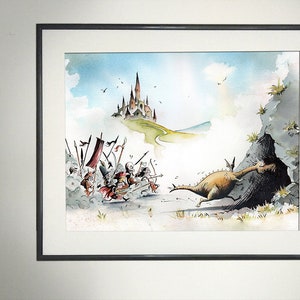 Pintura original de acuarela y tinta, dragón que huye