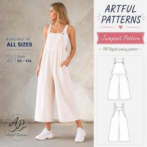 Peut inclure: Un patron de couture numérique pour une combinaison intitulé Artful Patterns. L'image montre une combinaison sans manches beige avec des jambes larges et des poches latérales, ainsi qu'un dessin technique montrant les vues avant et arrière.