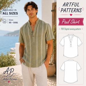 May include: A short-sleeved, olive green shirt with vertical white stripes, a mandarin collar, and a partial button-down placket. The image includes text reading Artful Patterns, Paul Shirt, and PDF Digital sewing pattern, with a line drawing.