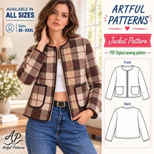 May include: A brown, beige, and cream plaid jacket with a round neckline, long sleeves, and two front patch pockets. The jacket features dark brown trim along the edges and a front zip. Text includes Artful Patterns and Jacket Pattern.