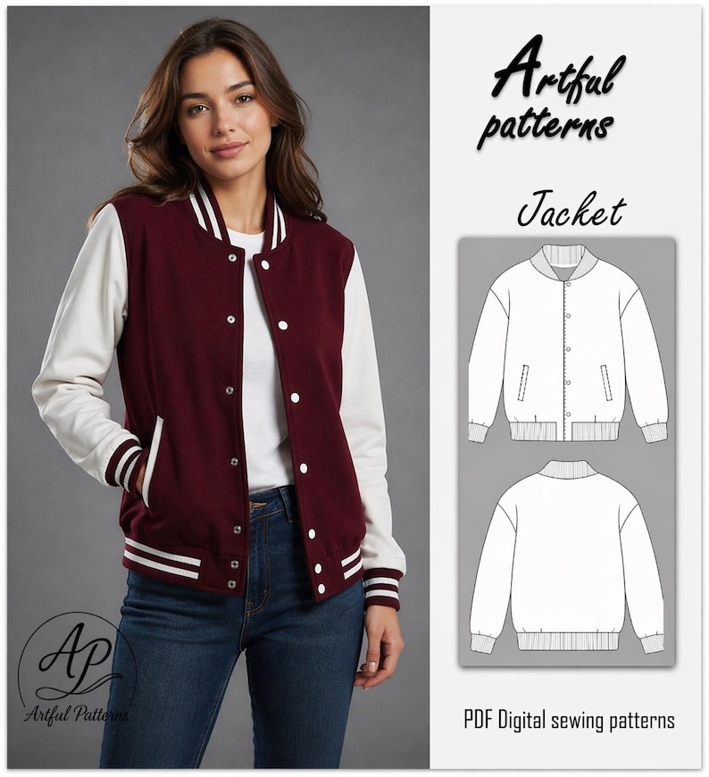 May include: A maroon and white varsity jacket with white sleeves, a button-up front, and striped cuffs and collar. The jacket is worn with blue jeans. The image also includes a graphic with the text "Artful patterns Jacket" and a diagram of the jacket.