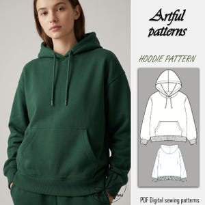 May include: A dark green hoodie with a drawstring hood and a front kangaroo pocket. The image also includes a diagram of a hoodie pattern with the text "Artful patterns" and "HOODIE PATTERN". The text "PDF Digital sewing patterns" is also visible.