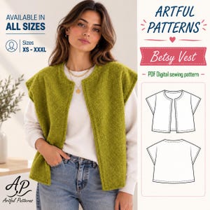 Può includere: Un gilet verde oliva senza maniche con finitura testurizzata, indossato sopra una maglia bianca a maniche lunghe e jeans blu. L'immagine include il testo ARTFUL PATTERNS, Betsy Vest, PDF Digital sewing pattern e un disegno tecnico del capo.