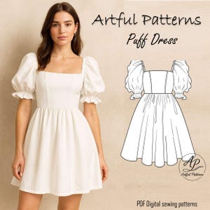 Peut inclure: Une robe blanche bouffante avec un col carré et des manches courtes à volants. La robe est présentée sur un modèle et sous forme de dessin au trait. Le texte indique "Artful Patterns Puff Dress" et "PDF Digital sewing patterns".