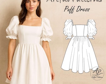 Patrón de vestido abullonado | Patrón de costura | Patrón de vestido con mangas abullonadas | Vestido Selkie | Vestido de fiesta para invitada de boda | Patrón digital en PDF