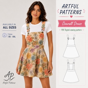 Può includere: Un vestito a salopette beige con un motivo floreale colorato di fiori arancioni, blu e gialli. L'abito presenta fibbie metalliche regolabili sulle spalline e una gonna svasata. L'immagine include il testo: ARTFUL PATTERNS Overall Dress.