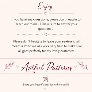 May include: A cream-colored graphic with the word "Enjoy" in a cursive font at the top. The text below encourages customers to ask questions and leave reviews. The bottom of the graphic says "Antful Patterns" and includes an Instagram handle.