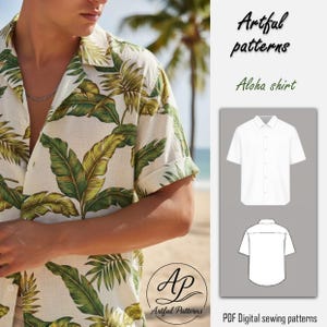 May include: An Aloha shirt with a white background and a large green and yellow leaf pattern. The shirt is worn by a person on a beach. The image also includes the text "Artful patterns" and "Aloha shirt".