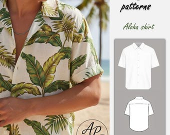 Mens Shirt Sewing Pattern, Mens Short Sleeve Shirt Pattern, Aloha Shirt Pattern, XXS - XXXL, A0, A4 & US-Letter + Detailed Instruction