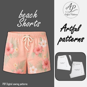 Peut inclure: Shorts de plage pêche avec un motif floral d'hibiscus roses et de fleurs blanches. Les shorts ont une taille à cordon. L'image comprend également le texte "beach shorts", "Artful patterns" et un patron.
