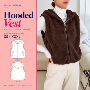 Peut inclure: Un gilet à capuche sans manches marron foncé en polaire texturée avec une fermeture éclair sur le devant. L'image contient le texte Artful Patterns Hooded Vest PDF Digital Sewing Pattern disponible en tailles XS à XXXL.