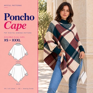 May include: A poncho cape PDF digital sewing pattern featuring a plaid design in cream, dark green, and maroon. The image displays the text Poncho Cape, size range XS-XXXL, and technical line drawings of the front and back of the garment.