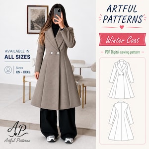 May include: A PDF digital sewing pattern for a winter coat, featuring text that reads ARTFUL PATTERNS, Winter Coat, and AVAILABLE IN ALL SIZES XS - XXXL. The image displays a beige double-breasted coat with a flared skirt and two buttons.