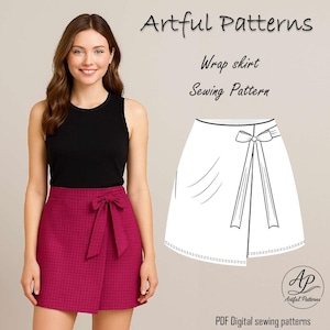 Peut inclure: Une femme porte un débardeur noir et une jupe portefeuille magenta avec un nœud. La jupe a un motif à carreaux. À côté d'elle, un dessin au trait d'un patron de couture de jupe portefeuille. Le texte sur l'image indique "Artful Patterns" et "Wrap skirt Sewing Pattern".