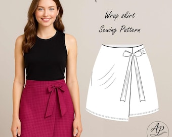 Patrón de costura para falda cruzada de mujer | Patrón de minifalda | Patrón de costura en PDF | Patrón de falda cruzada | Patrón digital de falda cruzada con lazo frontal | 7 tallas (4-16)