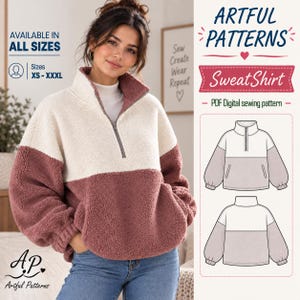 May include: A PDF digital sewing pattern for a color-blocked quarter-zip sweatshirt. The design features a cream-colored upper section and a mauve-colored lower section with long sleeves. Technical sketches show front and back views.