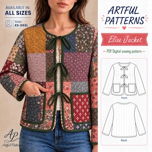 May include: A quilted patchwork jacket featuring a variety of floral and geometric patterns in shades of mustard, red, blue, and pink. The jacket has a round neckline, long sleeves, two front pockets, and three dark green tie closures at the front.