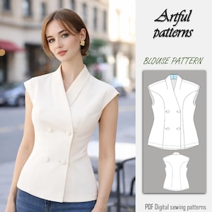 Puede incluir: Una mujer con una blusa sin mangas color crema de doble botonadura con cuello con solapas, combinada con vaqueros azules. La imagen también incluye un diagrama del patrón de la blusa con el texto "Artful patterns" y "Blouse Pattern".