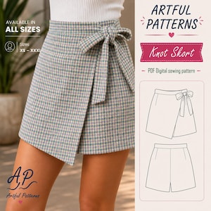 May include: A plaid skort featuring a wrap-style front with a side tie knot. The fabric has a multicoloured check pattern in shades of blue, yellow, and white. The image includes text reading Artful Patterns Knot Skort PDF Digital sewing pattern.