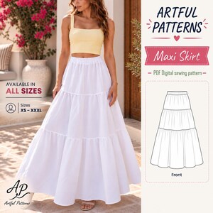 May include: A white tiered maxi skirt with a high-waisted elastic band. The image includes text reading ARTFUL PATTERNS Maxi Skirt, PDF Digital sewing pattern, and AVAILABLE IN ALL SIZES XS - XXXL, alongside a black and white line drawing of the skirt.