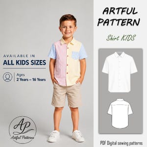Può includere: Un bambino indossa una camicia colorata con bottoni a righe rosa, gialle e blu, abbinata a pantaloncini color cachi. La camicia ha una tasca e fa parte di un modello di cucito digitale PDF per camicie per bambini. Il testo sull'immagine recita "Artful Pattern" e "Shirt KIDS."