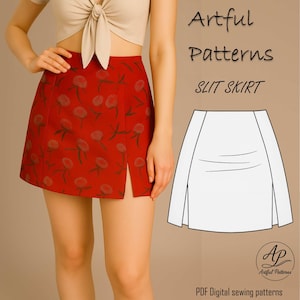 Peut inclure: Jupe fendue rouge avec un motif floral. La jupe a une fente sur le devant et est associée à un haut beige. L'image comprend également le texte "Artful Patterns SLIT SKIRT" et "PDF Digital sewing patterns".