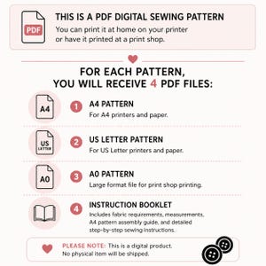 May include: A digital sewing pattern graphic with text. The graphic includes a PDF icon, and text stating it is a PDF digital sewing pattern. It also lists the 4 PDF files included: A4, US Letter, AO, and an instruction booklet.