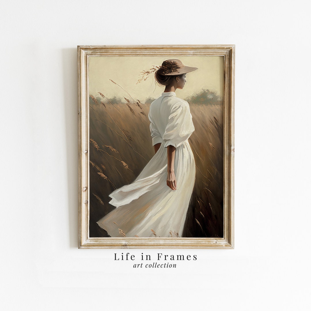 Graceful Breeze - Vintage Oil Painting of a Woman in a White Dress ...