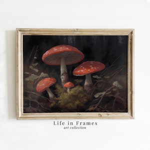 Vintage Mushroom Forest Painting - Rustic Red Toadstool Wall Art | Digital Download | Botanical Forest Decor | Retro Interior Room Theme