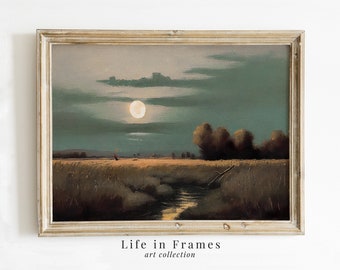 Moonlit Field Oil Painting – Vintage Landscape Print, Night Sky Wall Art for Rustic or Modern Home Decor