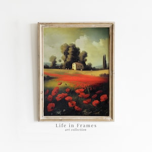Poppy Field Farmhouse - Vintage Oil Painting | Rustic Wall Art | Indoor Decor | PRINTABLE Digital Download I Instant Artwork I High Quality