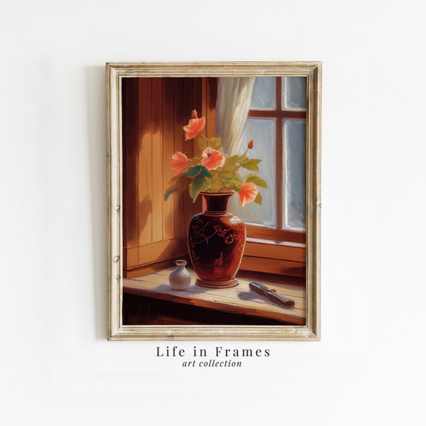 Vintage Floral Art Print | Elegant Hibiscus in Vase Painting | Sunlit Window Still Life | Botanical Wall Decor | Digital Download Printabel