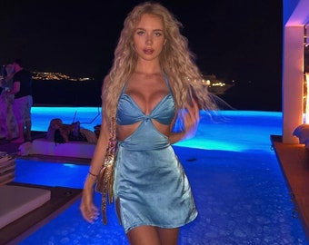 LARGE Mini Blue Scarlett Dress | Cut Out Tie | Summer Babydoll Outfit | Going Out Club Outfit | Plunge Backless