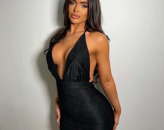 Mini Black Sparkle Kate Dress | Glitter Material | Bodycon Outfit | Going Out Club Outfit | Extreme Plunge Backless