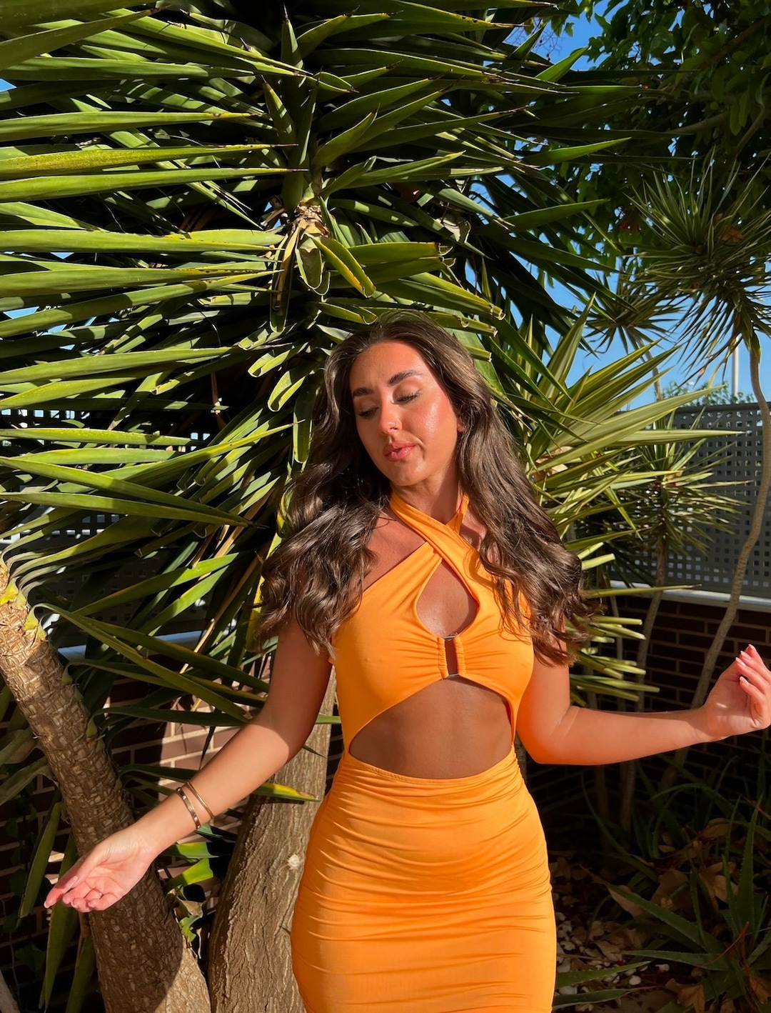 cut out crossover mini dress in orange Clara Collared Cut Out Mini Dress Shop American Threads Women's Trendy Online Boutique