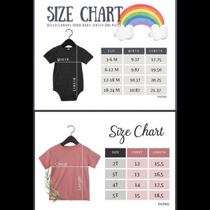 Op de afbeelding: Maattabel voor baby onesies en t-shirts. De tabel toont de maat, breedte, lengte en borstomvang in inches. De tabel is voor Bella Canvas 1008 baby jersey one piece en Bella Canvas 3001 youth jersey.