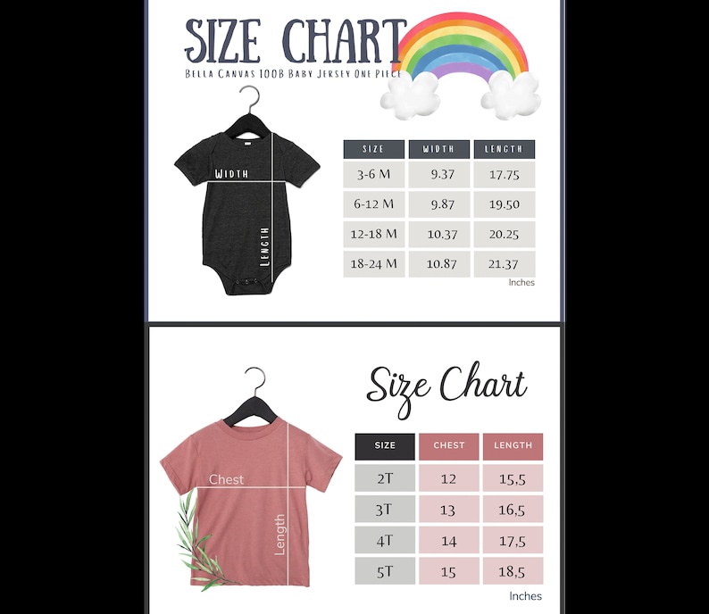 Op de afbeelding: Maattabel voor baby onesies en t-shirts. De tabel toont de maat, breedte, lengte en borstomvang in inches. De tabel is voor Bella Canvas 1008 baby jersey one piece en Bella Canvas 3001 youth jersey.