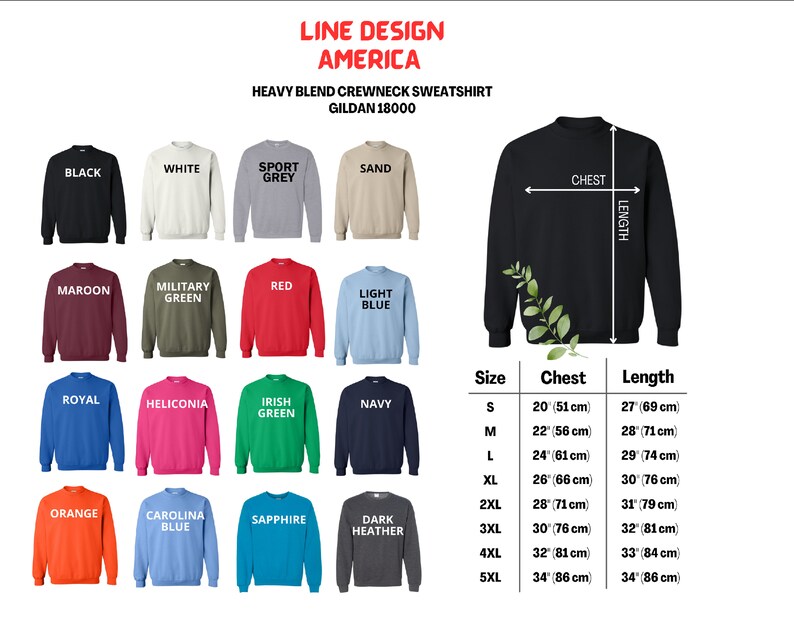 K&ouml;nnte beinhalten: Eine Tabelle mit den Gr&ouml;&szlig;en und Ma&szlig;en eines Gildan 18000 Heavy Blend Crewneck-Sweatshirts. Die Tabelle zeigt die Gr&ouml;&szlig;e, die Brustweite in Zoll und Zentimetern sowie die L&auml;nge in Zoll und Zentimetern. Der Pullover ist in 20 verschiedenen Farben erh&auml;ltlich.