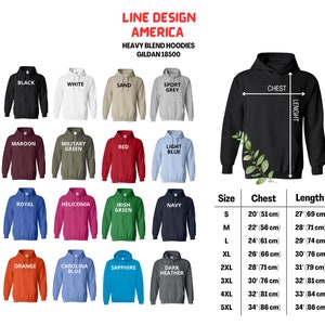 K&ouml;nnte beinhalten: Eine Tabelle mit den Gr&ouml;&szlig;en-, Brust- und L&auml;ngenma&szlig;en f&uuml;r Gildan 18500 Heavy Blend Hoodies. Die Tabelle zeigt die Ma&szlig;e in Zoll und Zentimetern f&uuml;r die Gr&ouml;&szlig;en S bis 5XL.