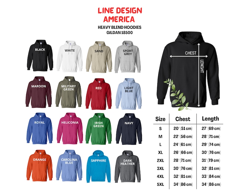 K&ouml;nnte beinhalten: Eine Tabelle mit den Gr&ouml;&szlig;en-, Brust- und L&auml;ngenma&szlig;en f&uuml;r Gildan 18500 Heavy Blend Hoodies. Die Tabelle zeigt die Ma&szlig;e in Zoll und Zentimetern f&uuml;r die Gr&ouml;&szlig;en S bis 5XL.